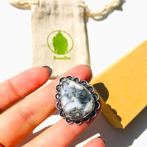 White Dendritic Opal Dendrite teardrop gem stone Ring sterling silver 925 Size 8